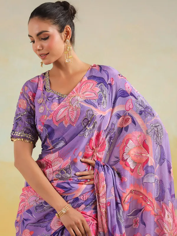 Dazzling purple satin silk saree