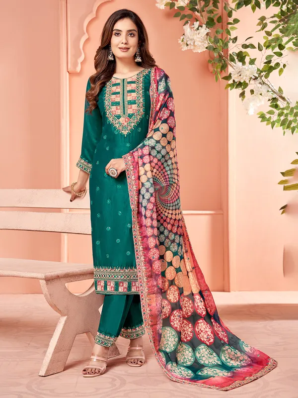 Dazzling rama green silk salwar suit
