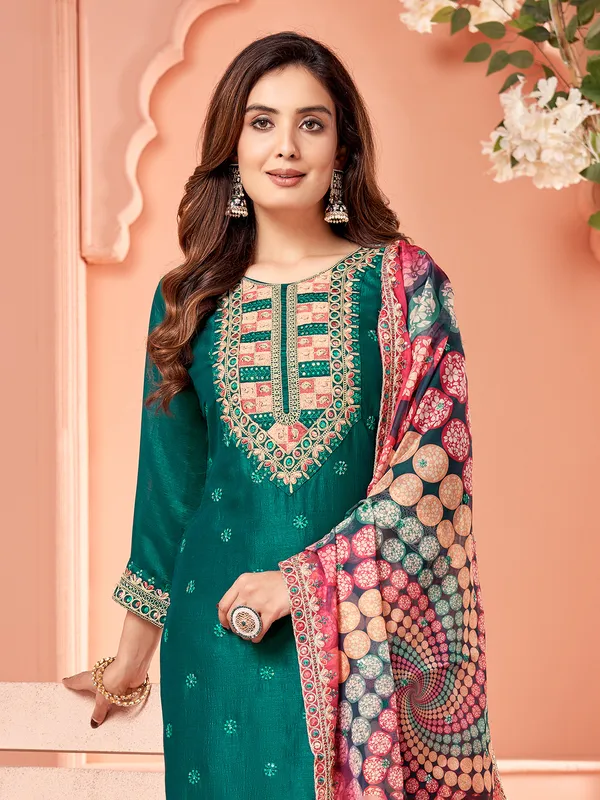 Dazzling rama green silk salwar suit