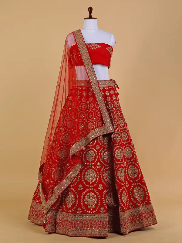 Dazzling red raw silk unstitched lehenga choli