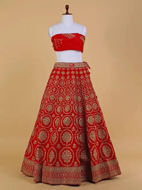 Dazzling red raw silk unstitched lehenga choli