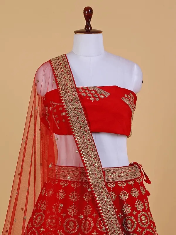 Dazzling red raw silk unstitched lehenga choli