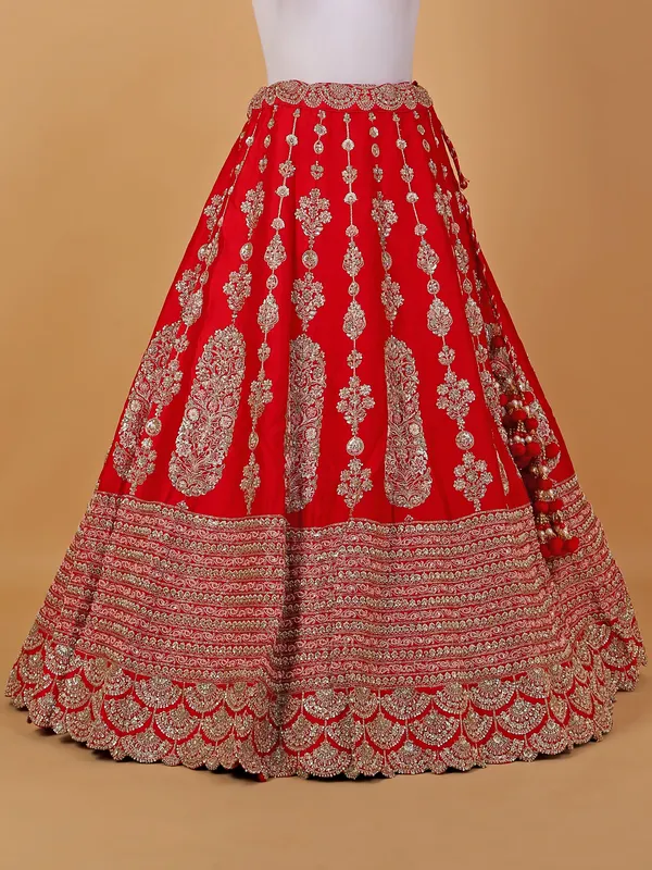 Dazzling red unstitched bridal lehenga choli