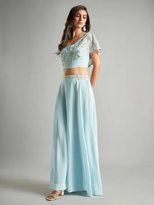 Dazzling sky blue georgette palazzo suit