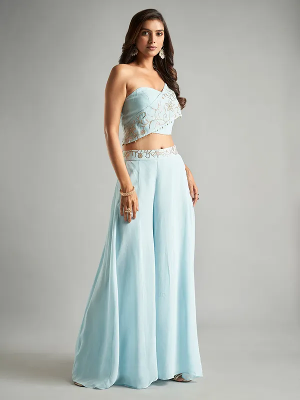 Dazzling sky blue georgette palazzo suit