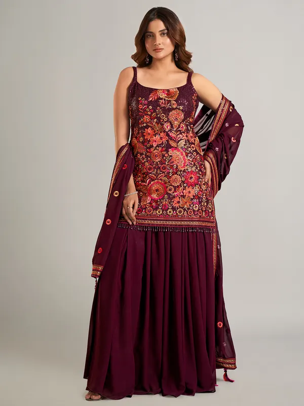 Dazzling wine georgette suit with dupatta