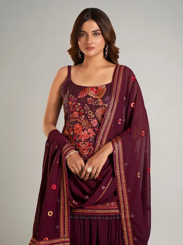Dazzling wine georgette suit with dupatta