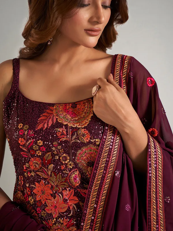 Dazzling wine georgette suit with dupatta