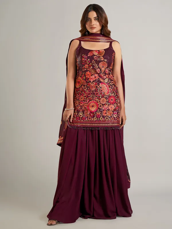 Dazzling wine georgette suit with dupatta