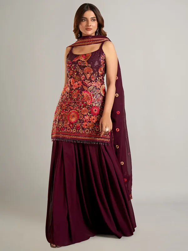 Dazzling wine georgette suit with dupatta