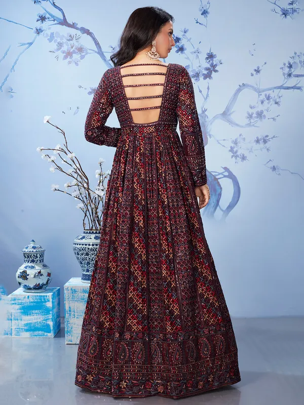 Dazzling wine silk anarkali salwar suit