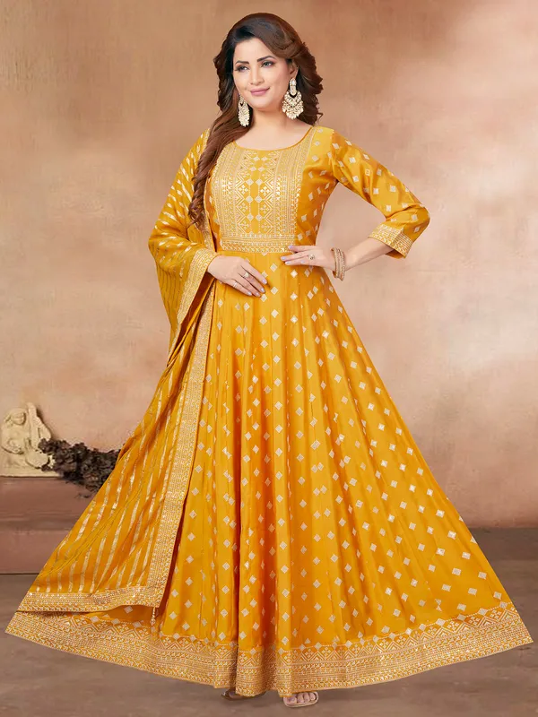 Dazzling yellow silk anarkali suit