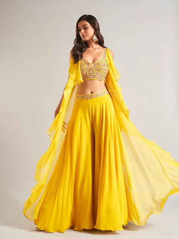 Dazzling yellow silk palazzo salwar suit
