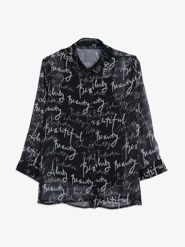 Deal black georgette typography printed shirt
