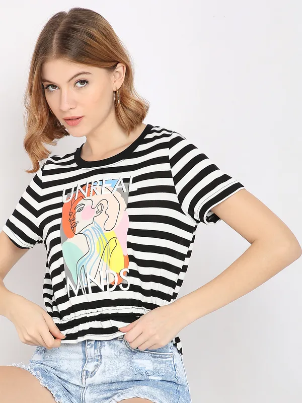 Deal black printed stripe satin top