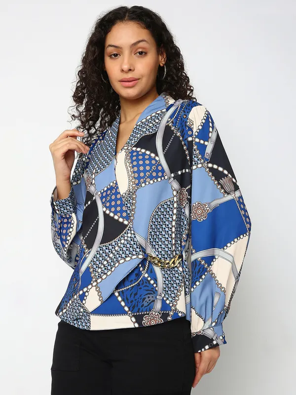 Deal blue printed satin casual top