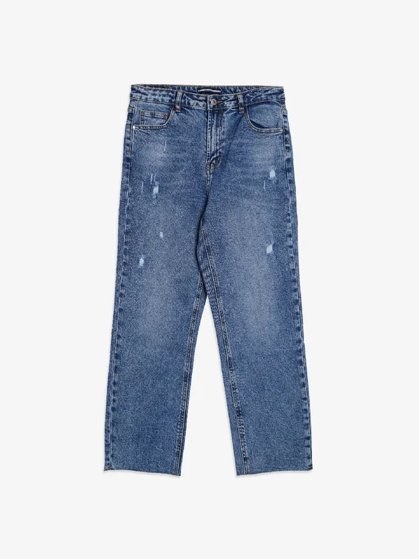 Deal blue washed and ripped straight jeans