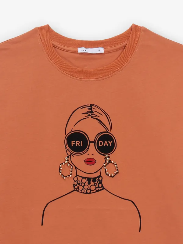 DEAL bright brown cotton printed t-shirt