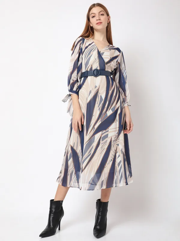 Deal cream and blue printed dress