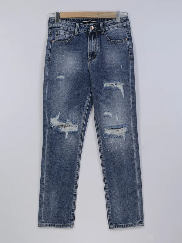 Deal dark blue washed and ripped mom jeans