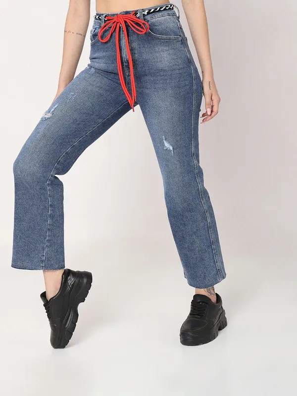 Deal dark blue washed and ripped straight jeans