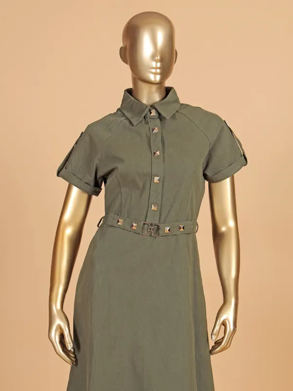 DEAL dark olive women dress in cotton silk