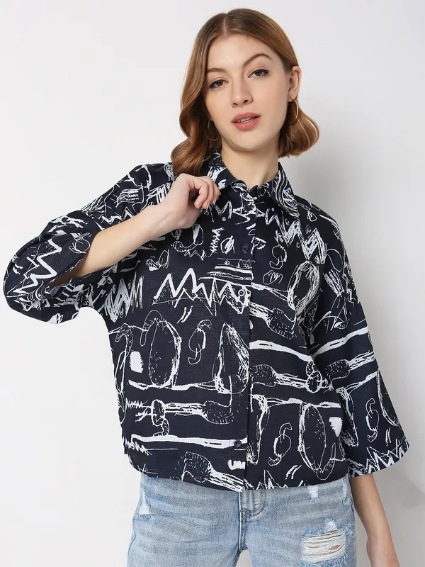 Deal navy cotton printed crop shirt