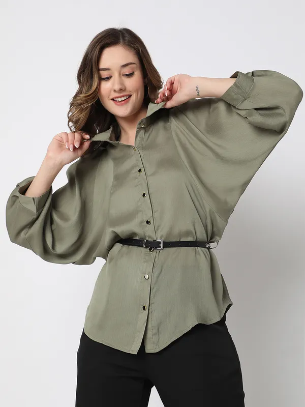 Deal olive plain satin shirt