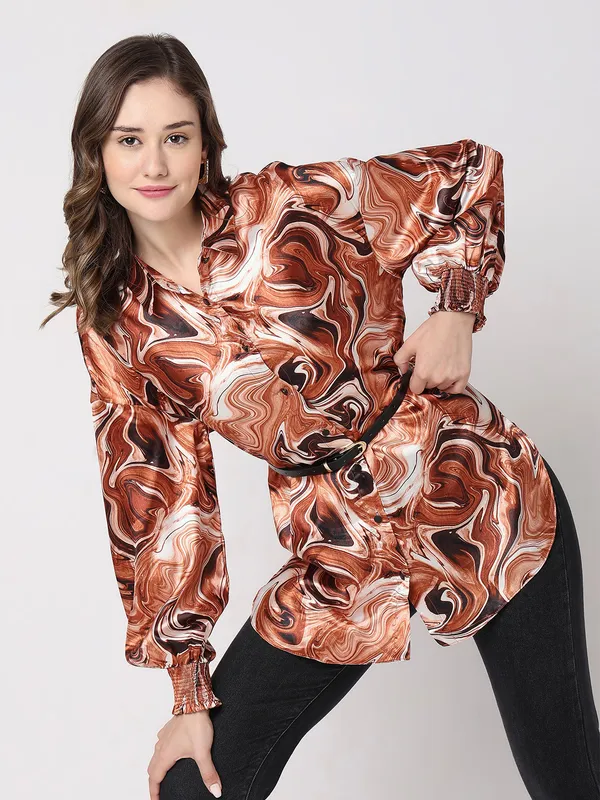 Deal orange satin printed shirt