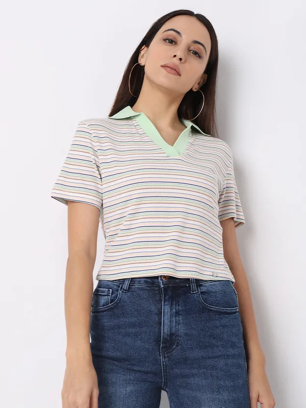 Deal peach and green stripe crop top