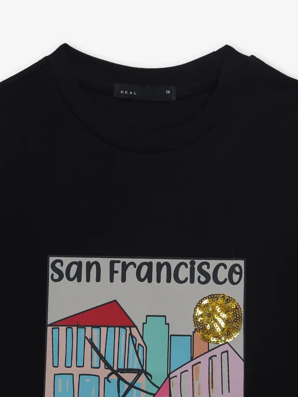 DEAL printed black cotton t-shirt with round neck