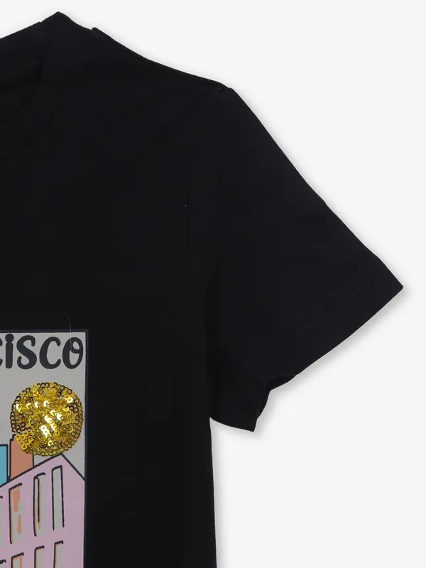 DEAL printed black cotton t-shirt with round neck