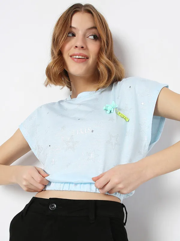 Deal printed cotton sky blue crop top