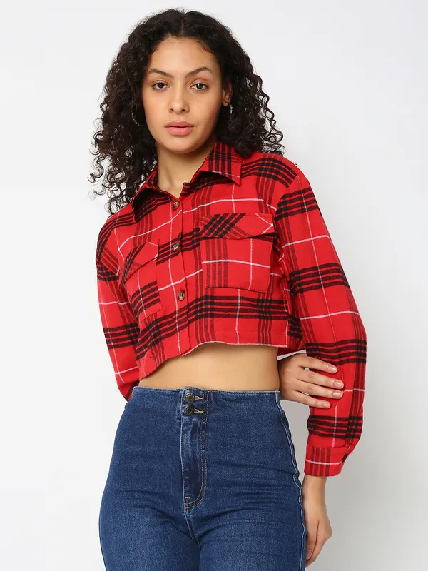 Deal red cotton checks crop shirt