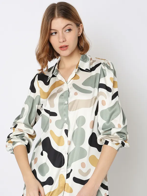 Deal white and green printed satin shirt