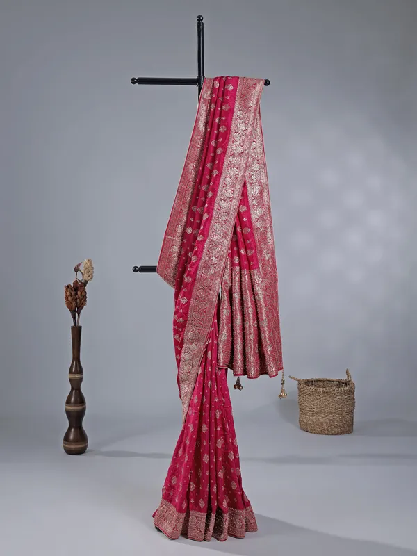 Deep magenta silk zari weaving saree for wedding look