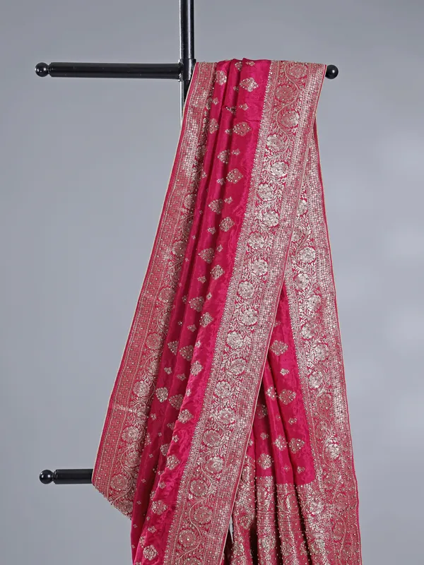 Deep magenta silk zari weaving saree for wedding look