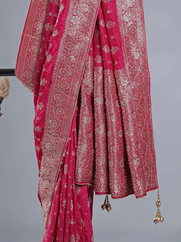 Deep magenta silk zari weaving saree for wedding look