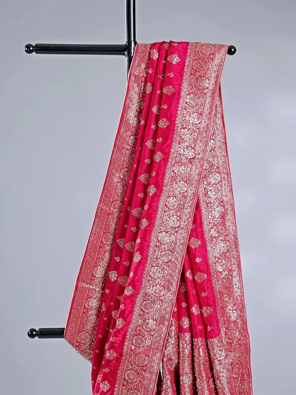 Deep magenta silk zari weaving saree for wedding look