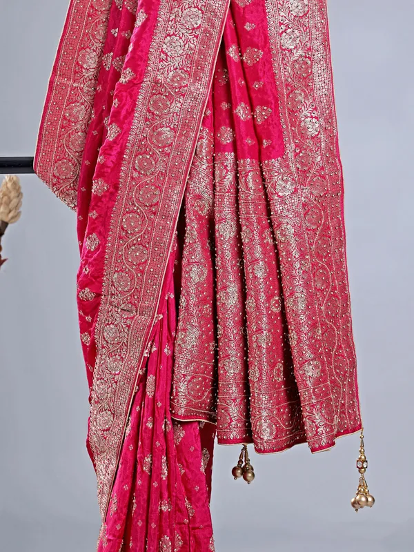 Deep magenta silk zari weaving saree for wedding look