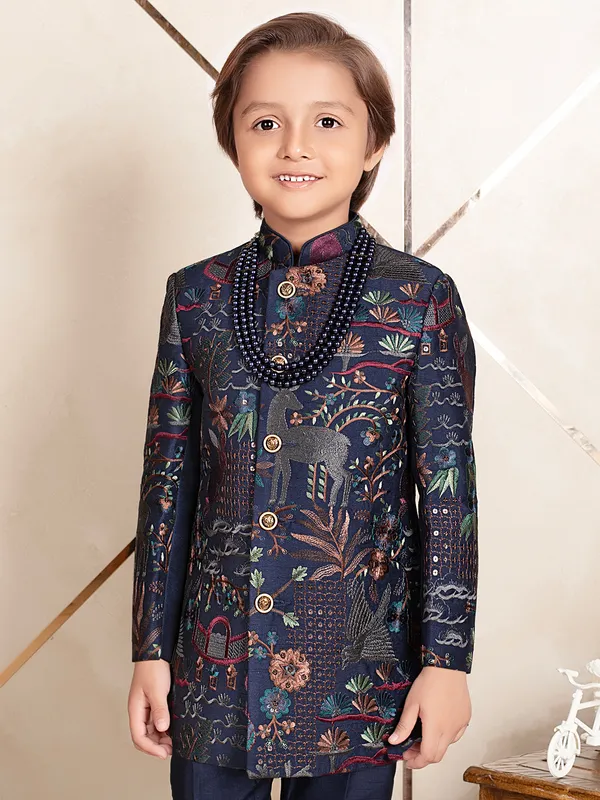 Deep navy timeless terry rayon indo western for boys