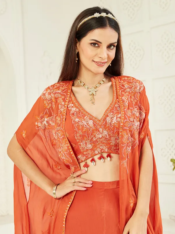 Deep orange satin silk Jacket style palazzo suit