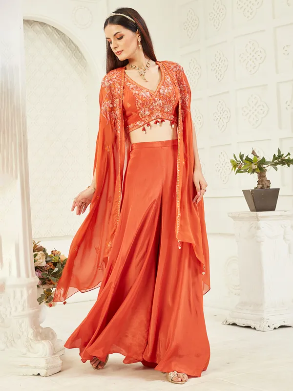 Deep orange satin silk Jacket style palazzo suit