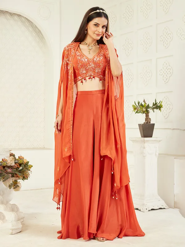 Deep orange satin silk Jacket style palazzo suit