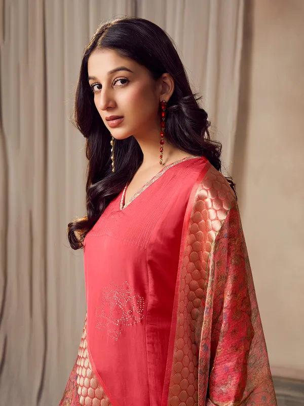 Deep peach silk kurti set with dupatta