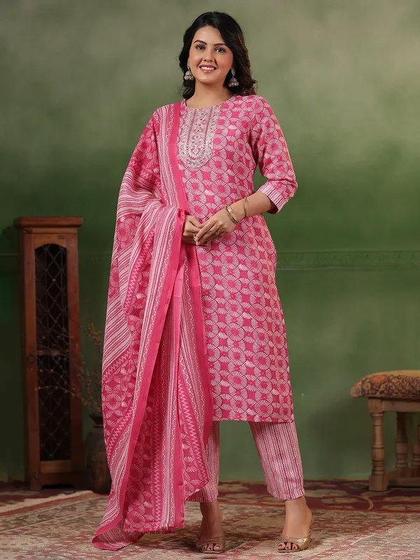 Deep pink printed silk kurti set