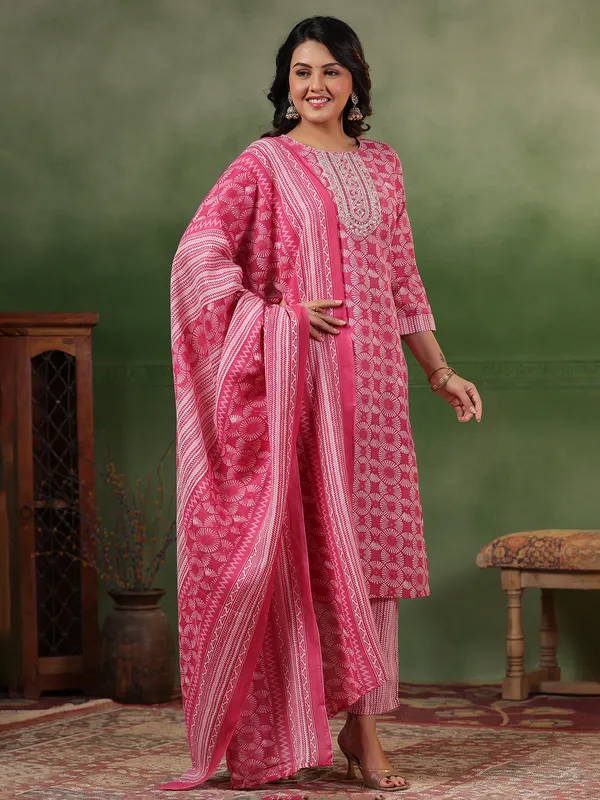 Deep pink printed silk kurti set