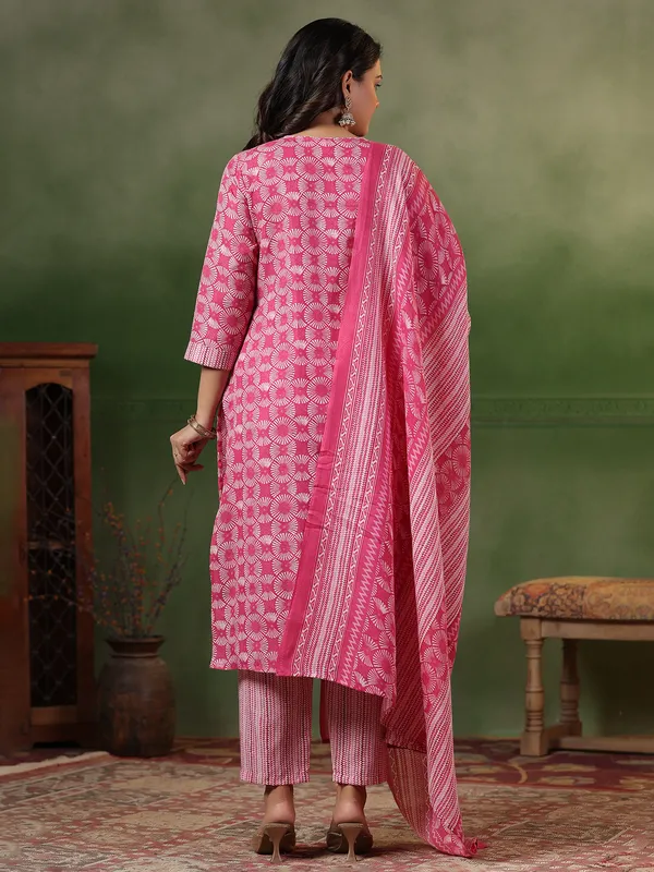 Deep pink printed silk kurti set