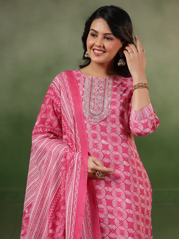Deep pink printed silk kurti set
