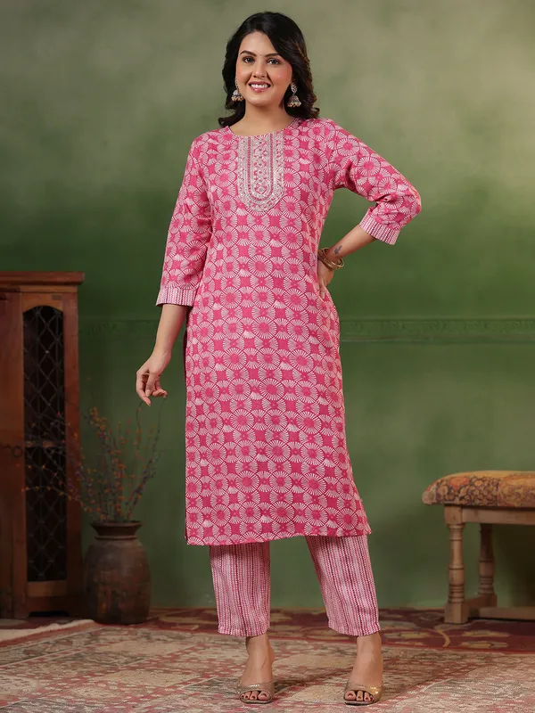 Deep pink printed silk kurti set